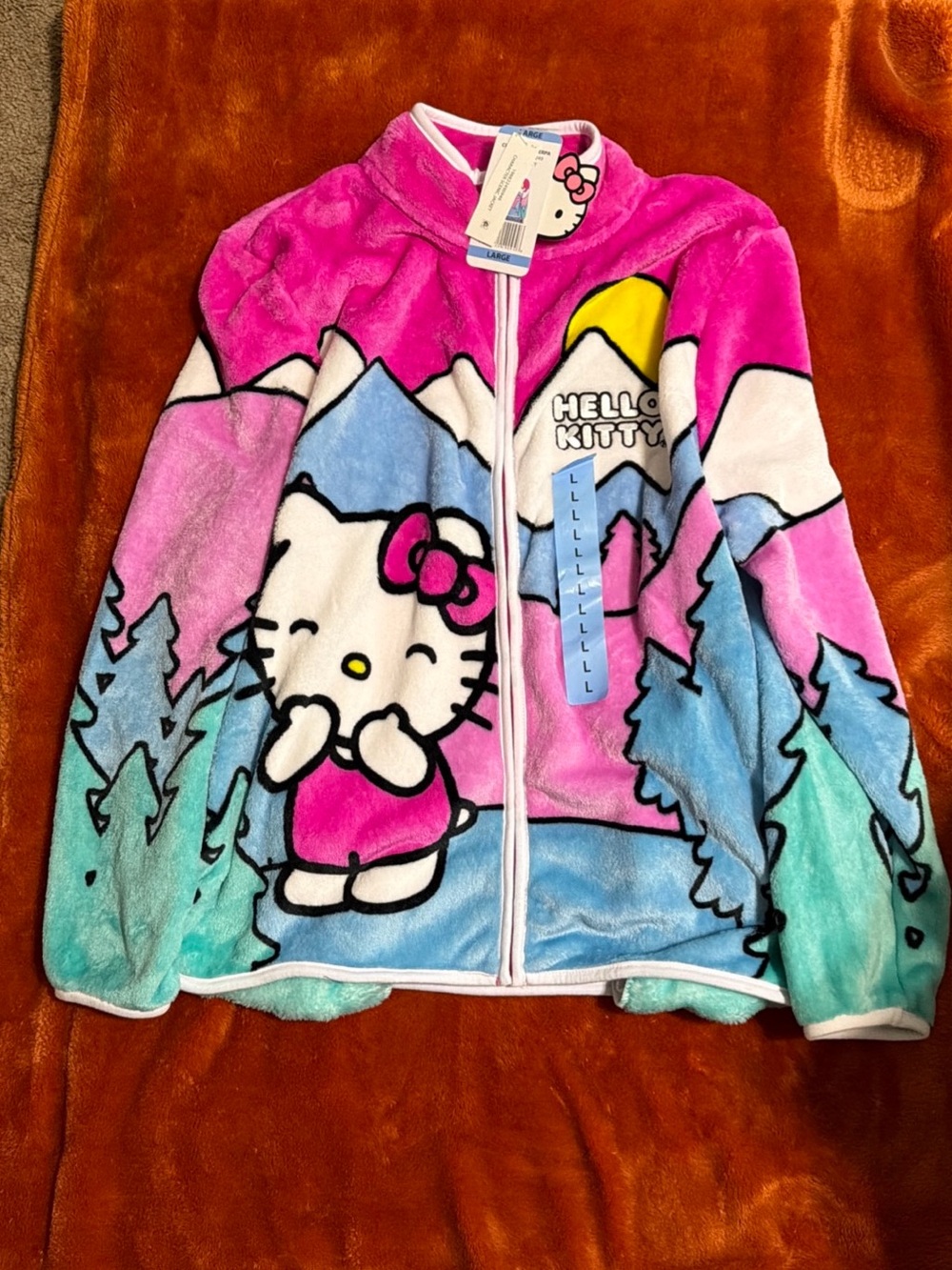 Hello Kitty Plush Zip Front Hoodie in Pink, Blue & Aqua